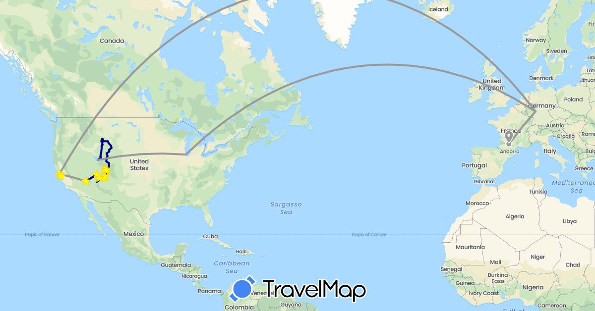 TravelMap itinerary: driving, plane, hiking, boat, hitchhiking, motorbike in Germany, France, United States (Europe, North America)