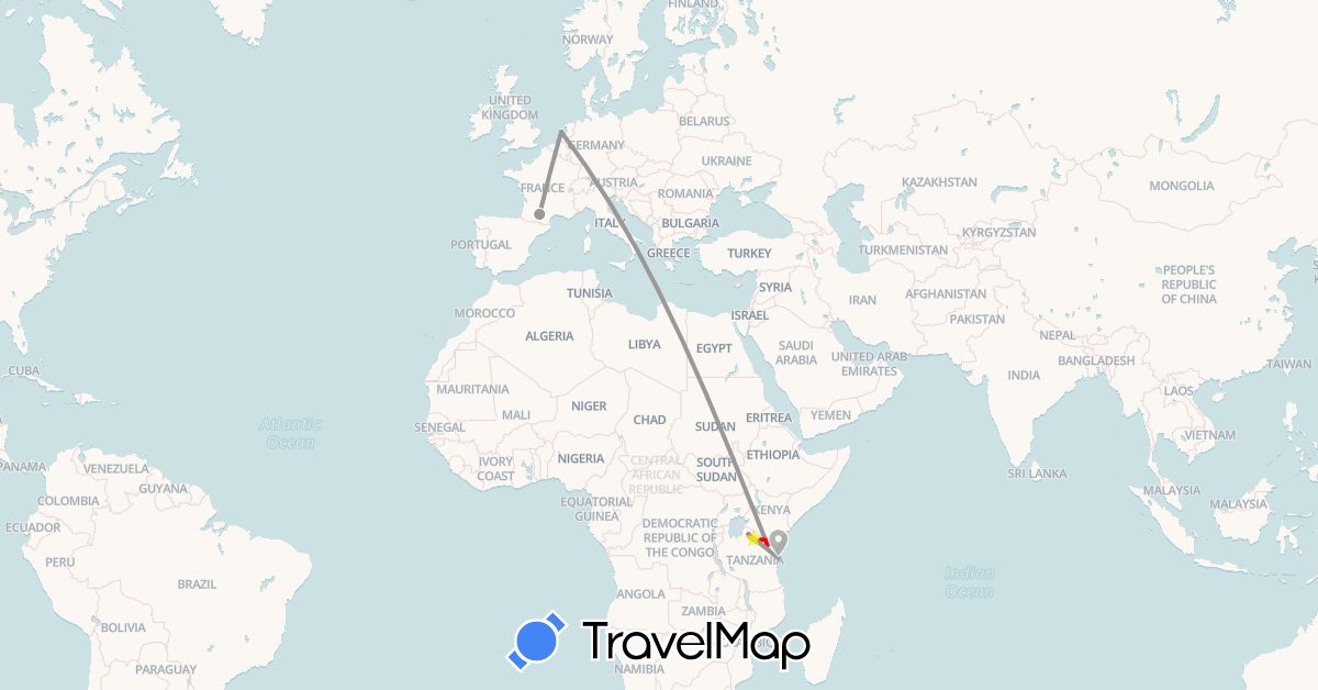 TravelMap itinerary: driving, plane, 4x4 in France, Netherlands, Tanzania (Africa, Europe)